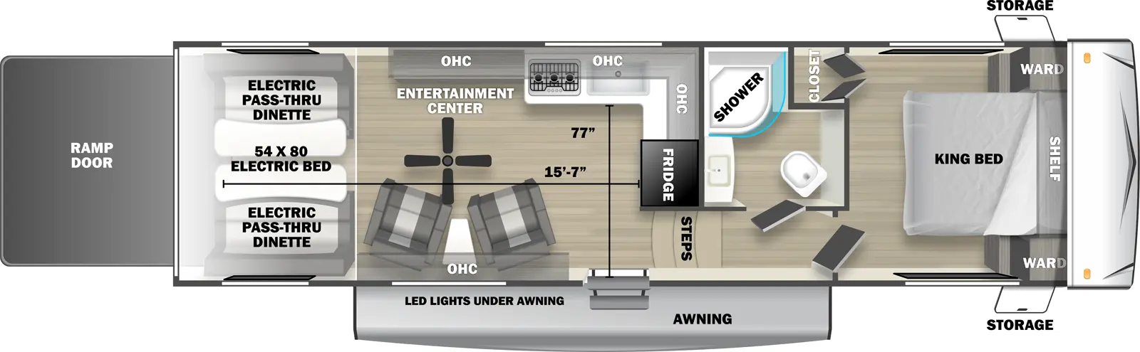 The 2710RLX fifth wheel has no slide outs, 1 entry door and 1 rear ramp door. Exterior features include an awning with LED lights and front opposing side storage access. Interior layout from front to back includes front bedroom with foot-facing King bed, shelf over the bed, front corner wardrobes and front facing closet; off-door side bathroom with radius shower, toilet and single sink vanity; 3 steps down into the kitchen area with off-door side L-shaped countertop, stovetop, L-Shaped overhead cabinets, sink and rear facing refrigerator; 2 door side recliners with end table; ceiling fan; off-door side entertainment center with overhead cabinet; and rear 54 x 80 electric bed over electric pass-through dinette. Cargo length from rear of unit to refrigerator is 15 ft. 7 in. Cargo width from countertop to door side wall is 77 inches.